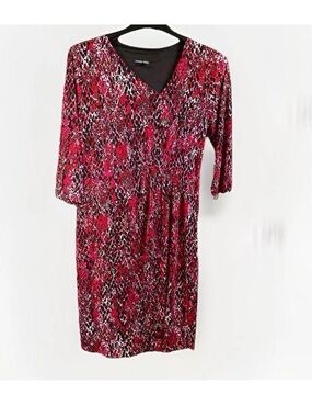 Fashion Bug Pink and Black Abstract V-Neck Long Sleeve Dress